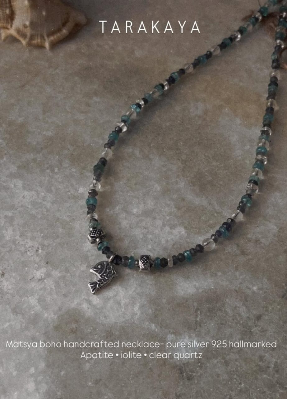 925 sterling silver iolite apatite clear quartz fish matsya necklace  