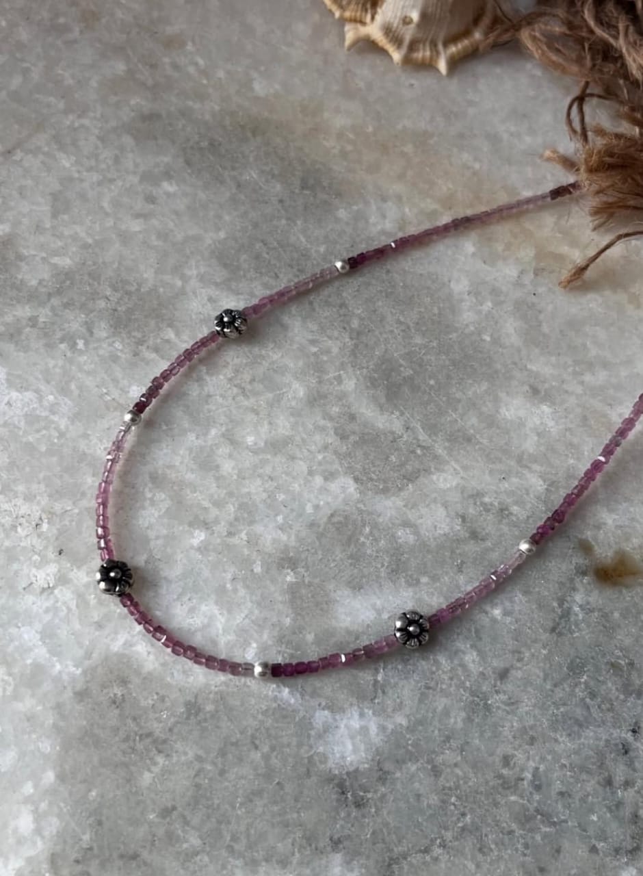 Elegant pink tourmaline box cut floral necklace in 925 sterling silver