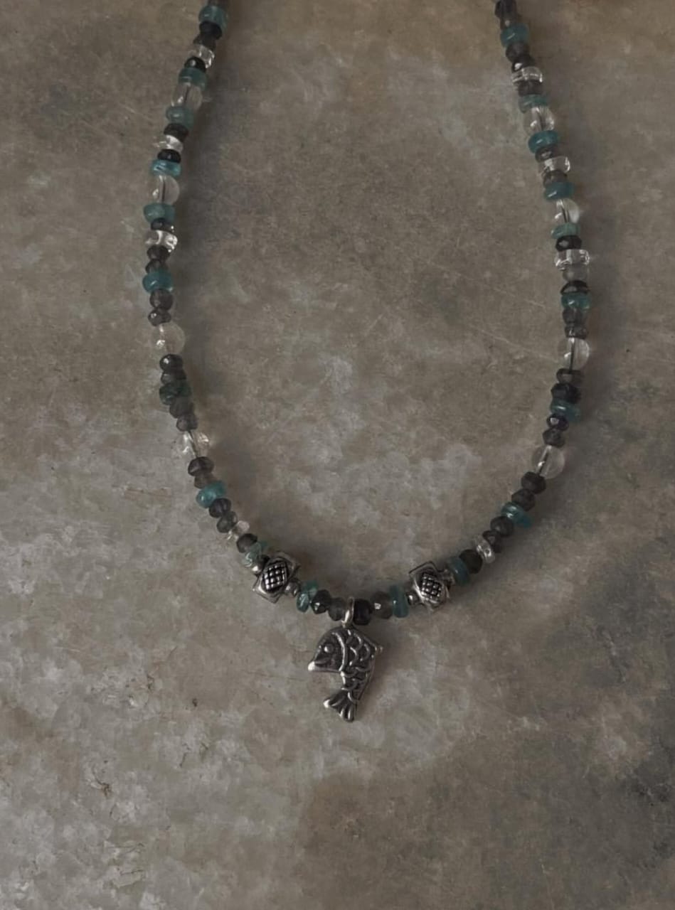 925 Sterling silver matsya fish necklace with iolite apatite and quartz gemstones