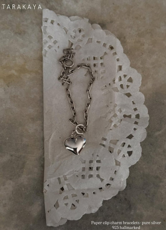 925 sterling silver paper clip bracelet with big chunky Italian heart charm  