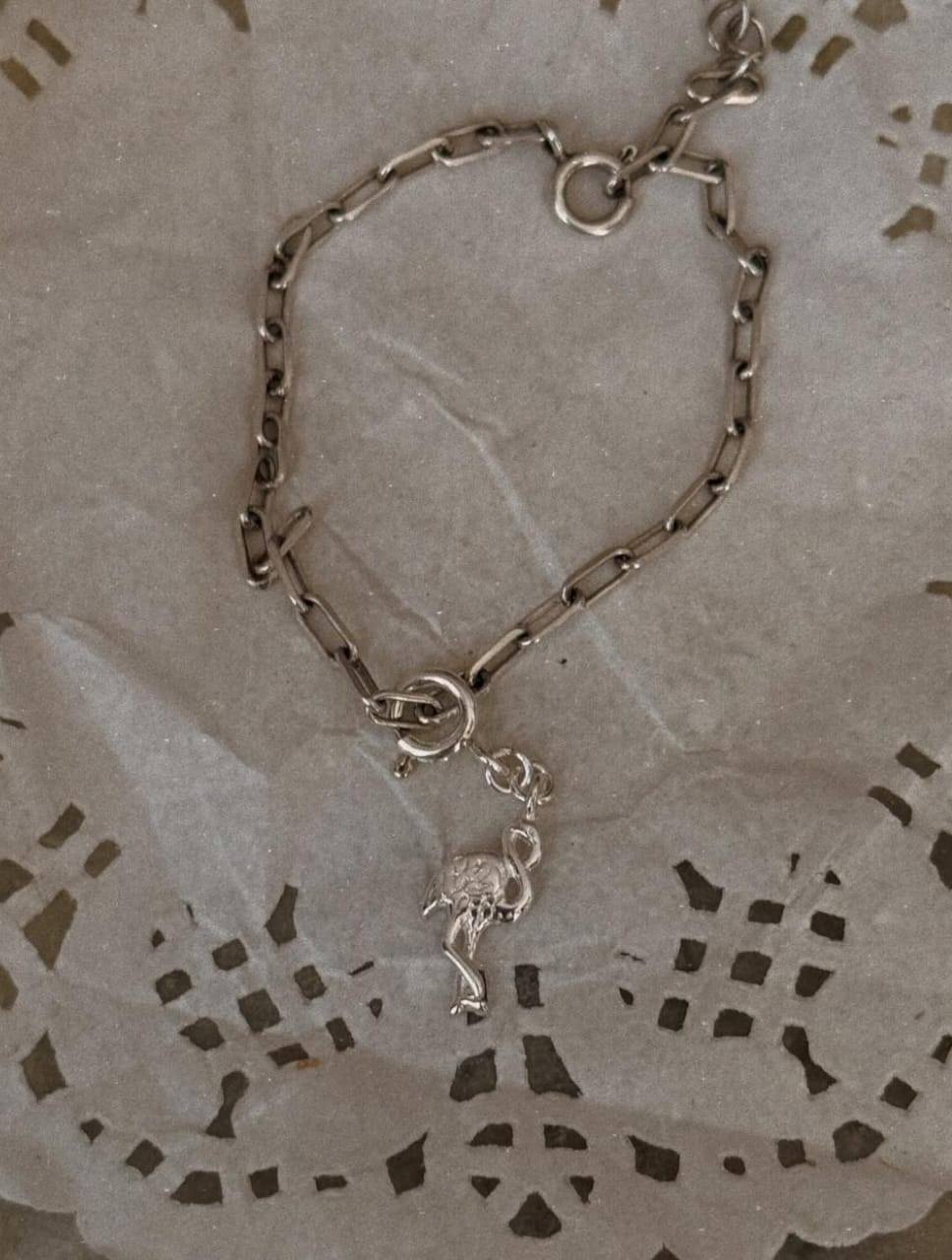 925 sterling silver paper clip bracelet with flamingo charm  