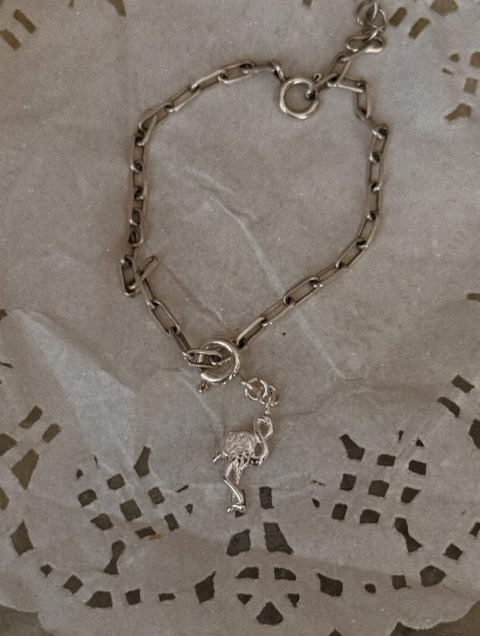 925 sterling silver paper clip bracelet with flamingo charm  