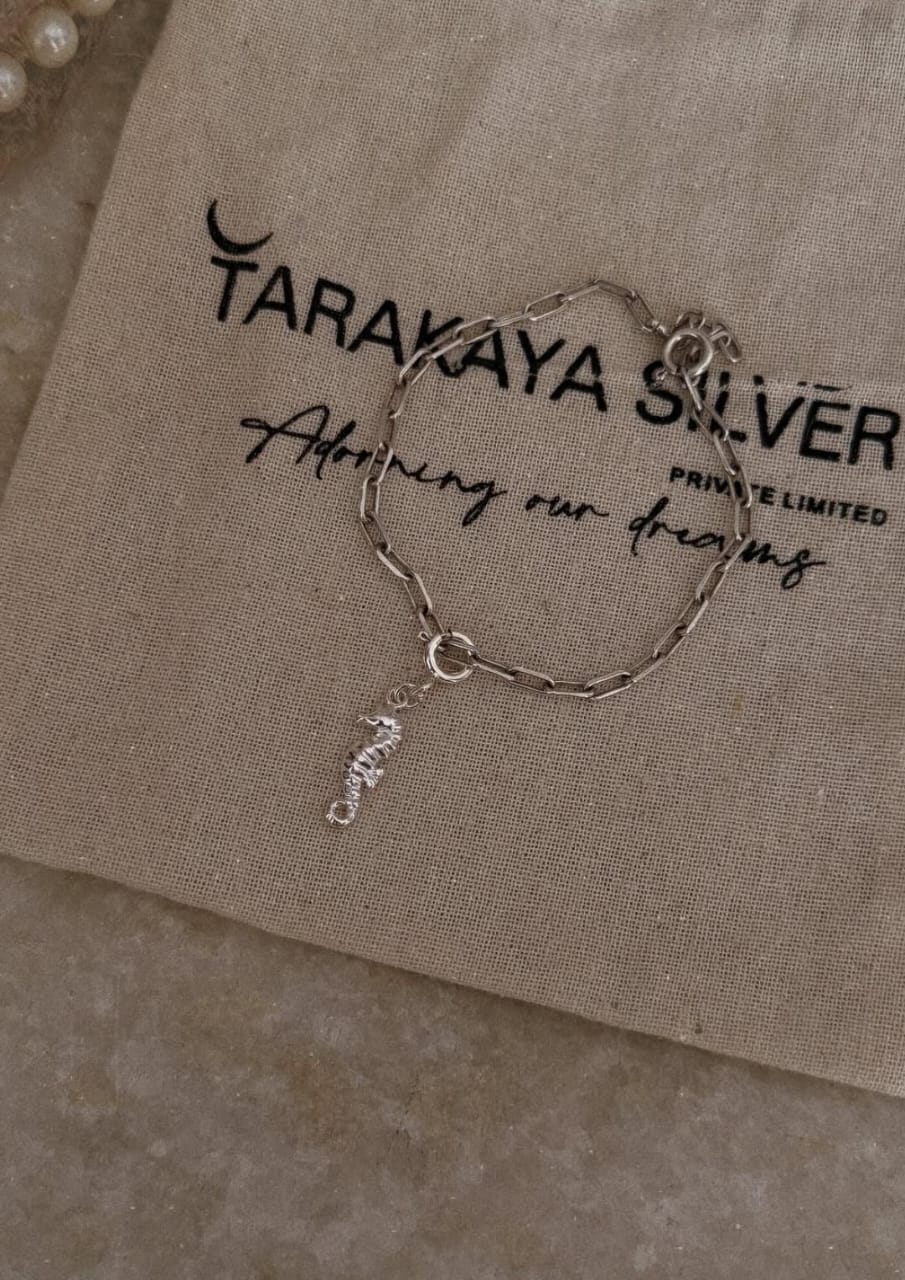 925 sterling silver paper clip bracelet with sea horse charm  