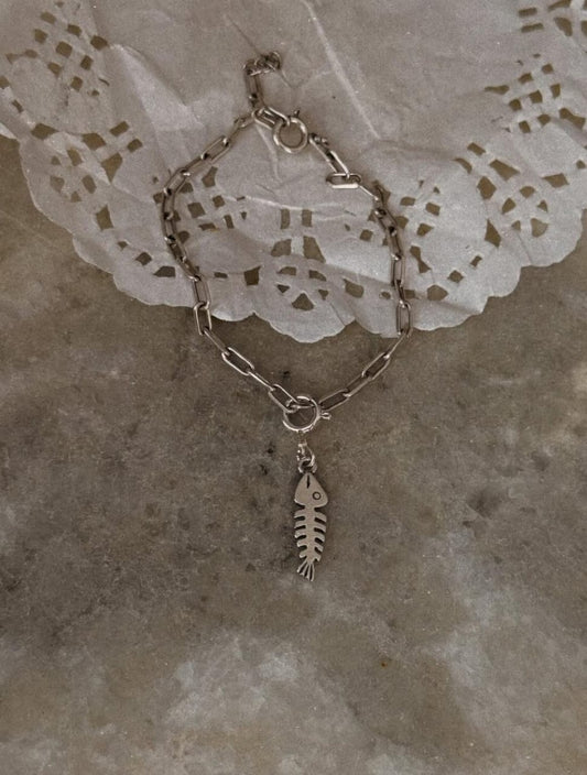 925 sterling silver paper clip bracelet with fish bone charm 