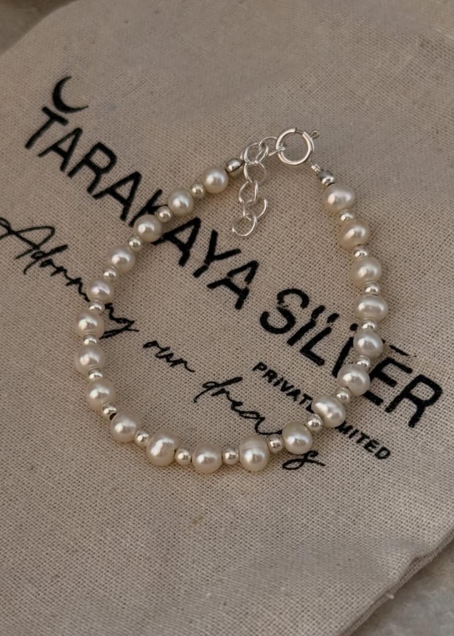 Elegant freshwater pearls baati bracelet with silver bead accents 925 Sterling silver 