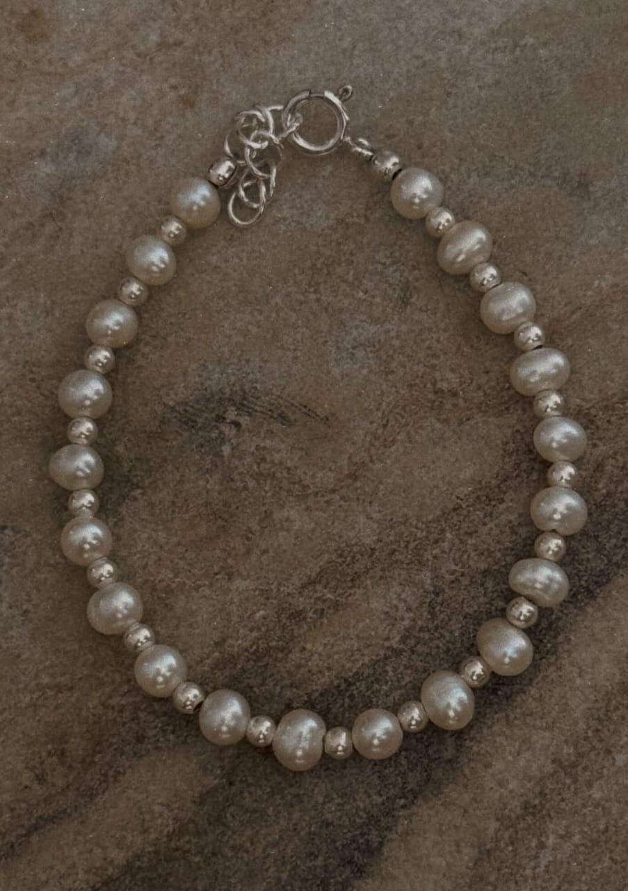 Statement 925 sterling silver freshwater pearls baati bracelet with silver bead accents