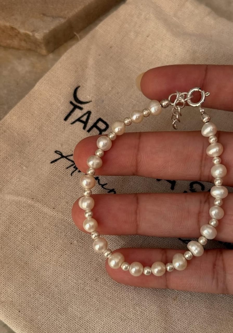 Minimalist freshwater pearls baati and 3mm silver bead bracelet 925 Sterling silver 