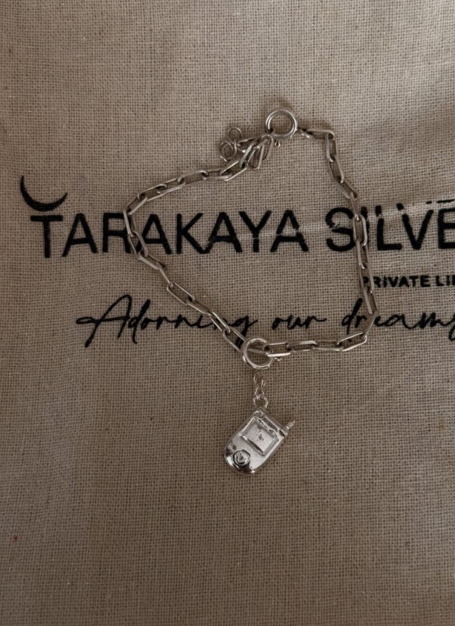 925 Sterling silver paper clip chain bracelet featuring mobile phone pendant