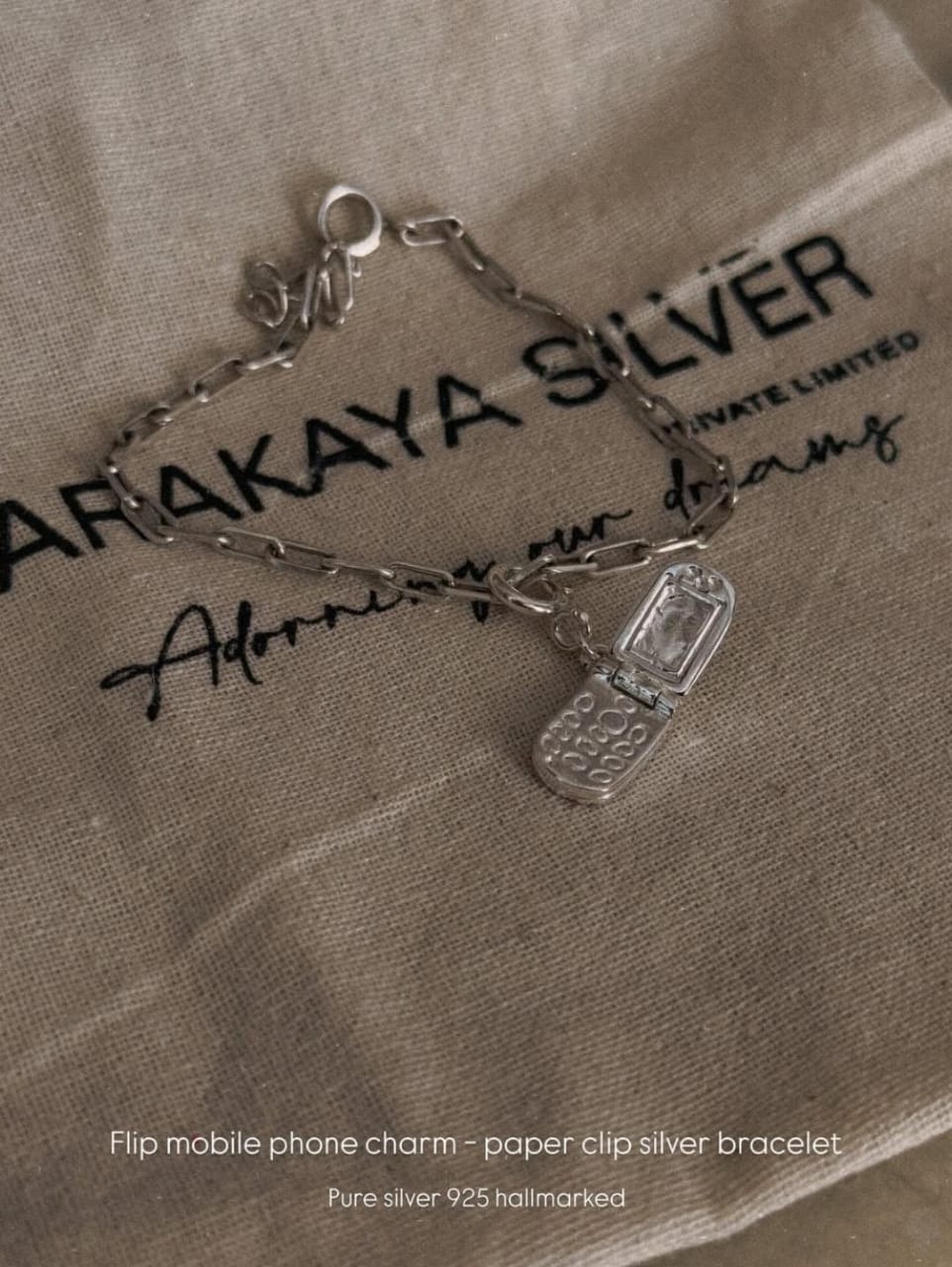 925 sterling silver paper clip bracelet with flip mobile phone charm  