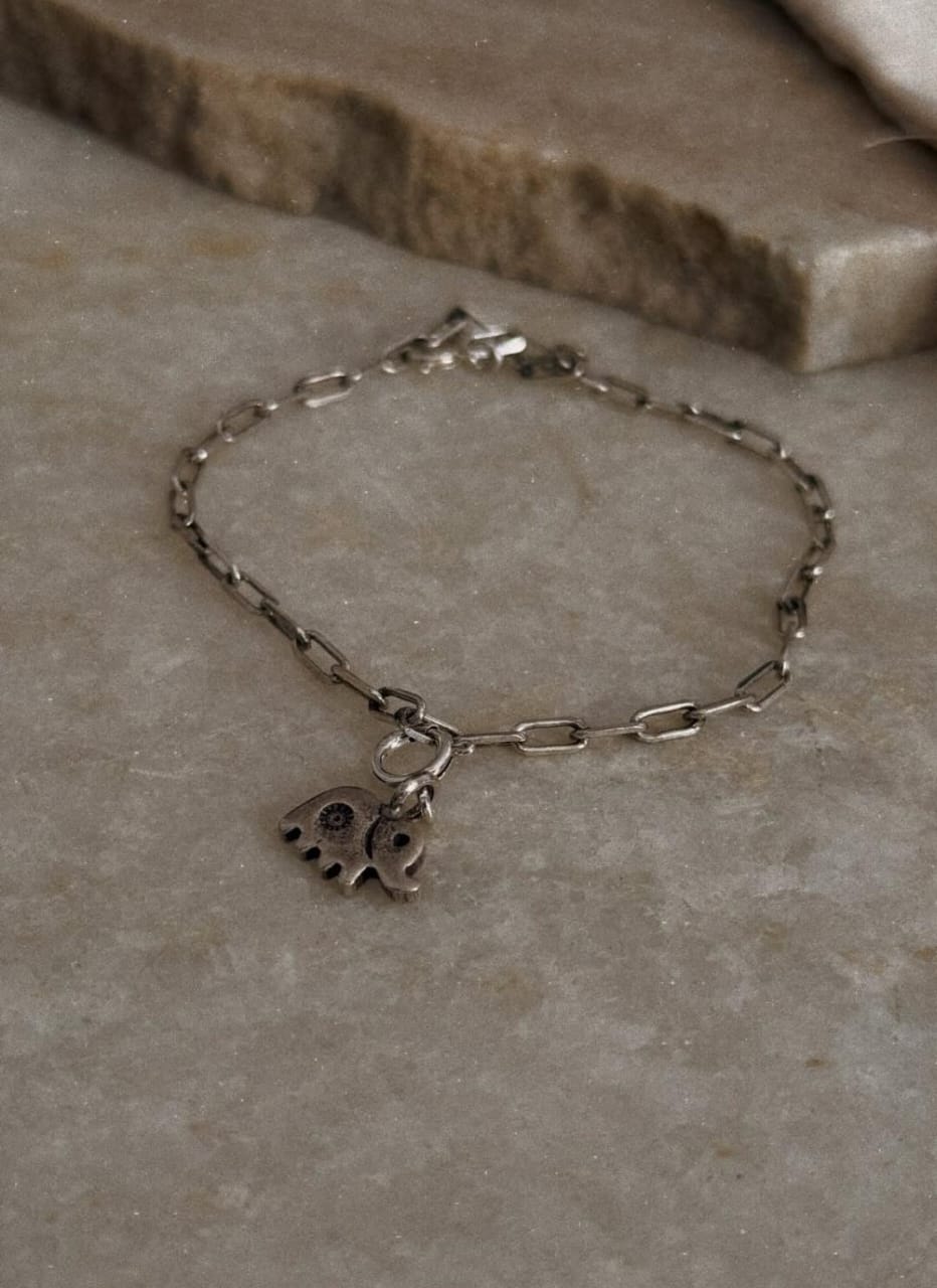 925 Sterling silver paper clip chain bracelet featuring elephant charm