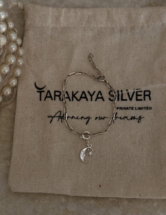 925 sterling silver paper clip bracelet with moon and star charms  