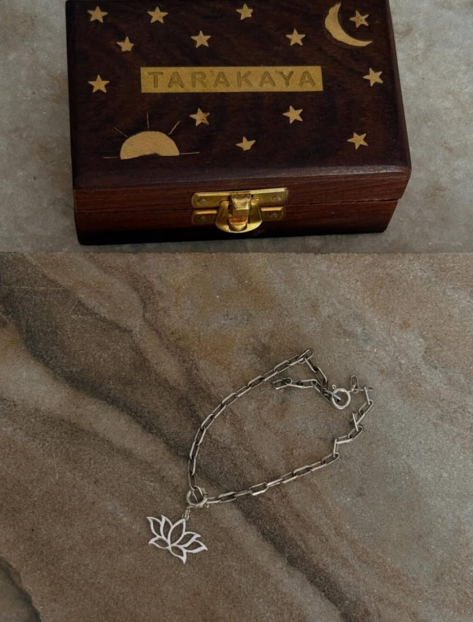 925 Sterling silver paper clip chain bracelet featuring lotus pendant