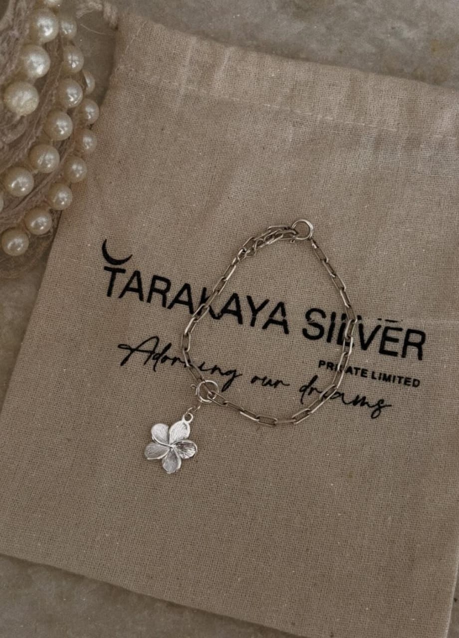 925 sterling silver paper clip bracelet with plumeria flower charm  