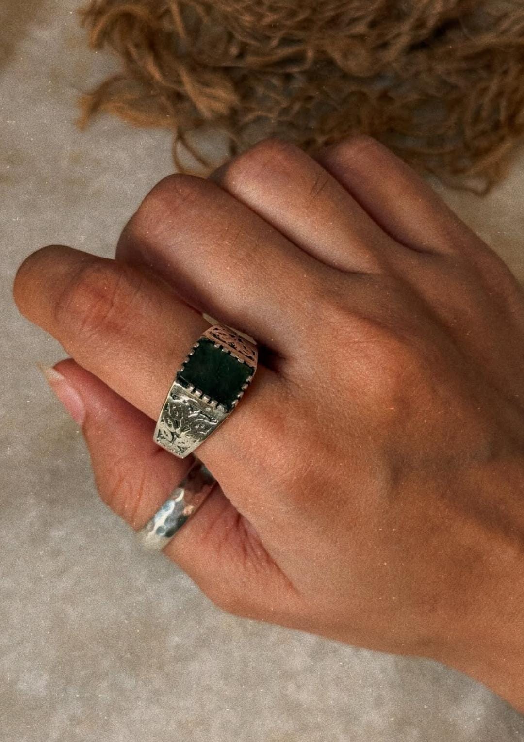 925 sterling silver labradorite signet vintage embroidered band ring  