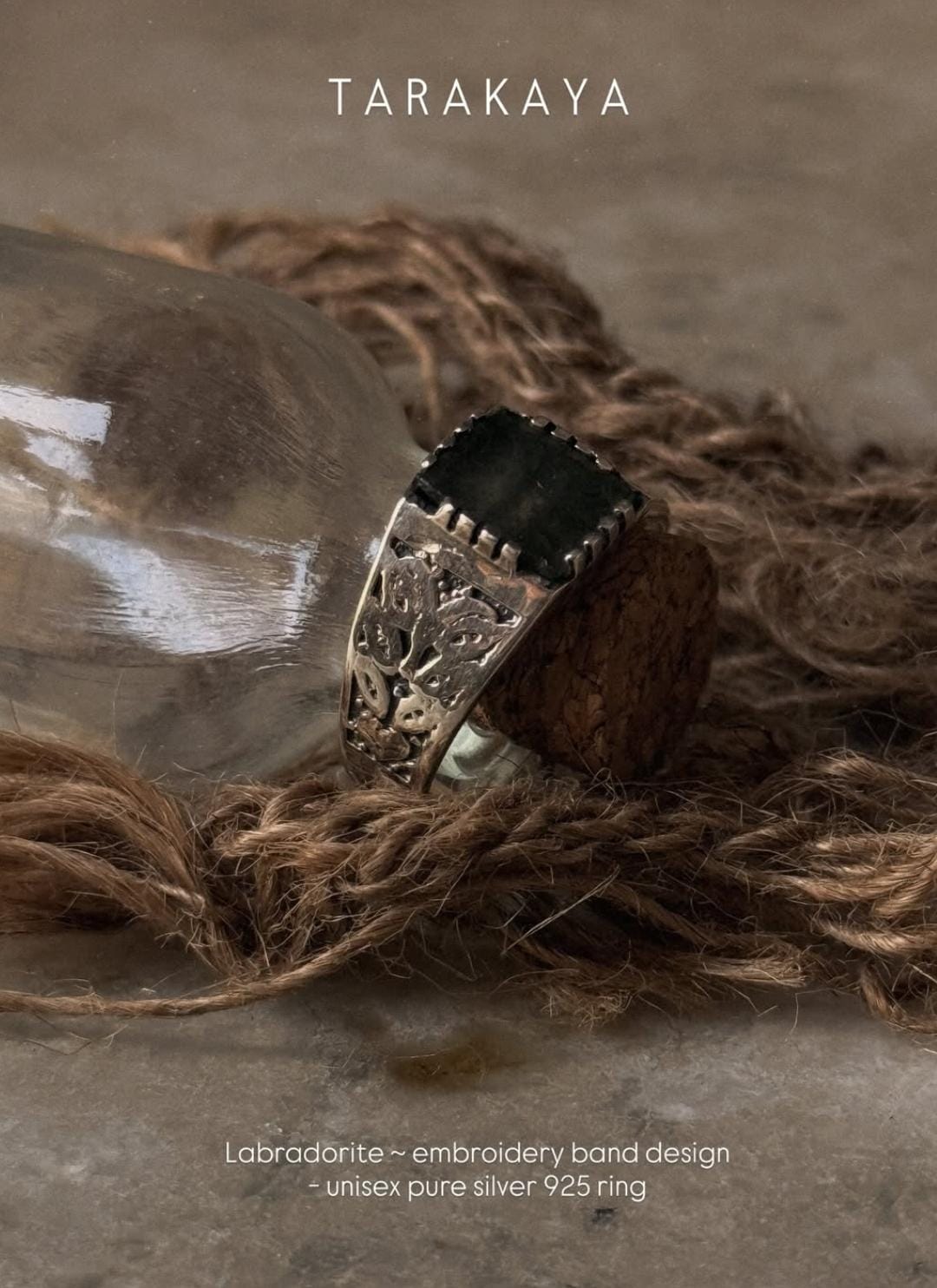 925 sterling silver labradorite signet vintage embroidered band ring  