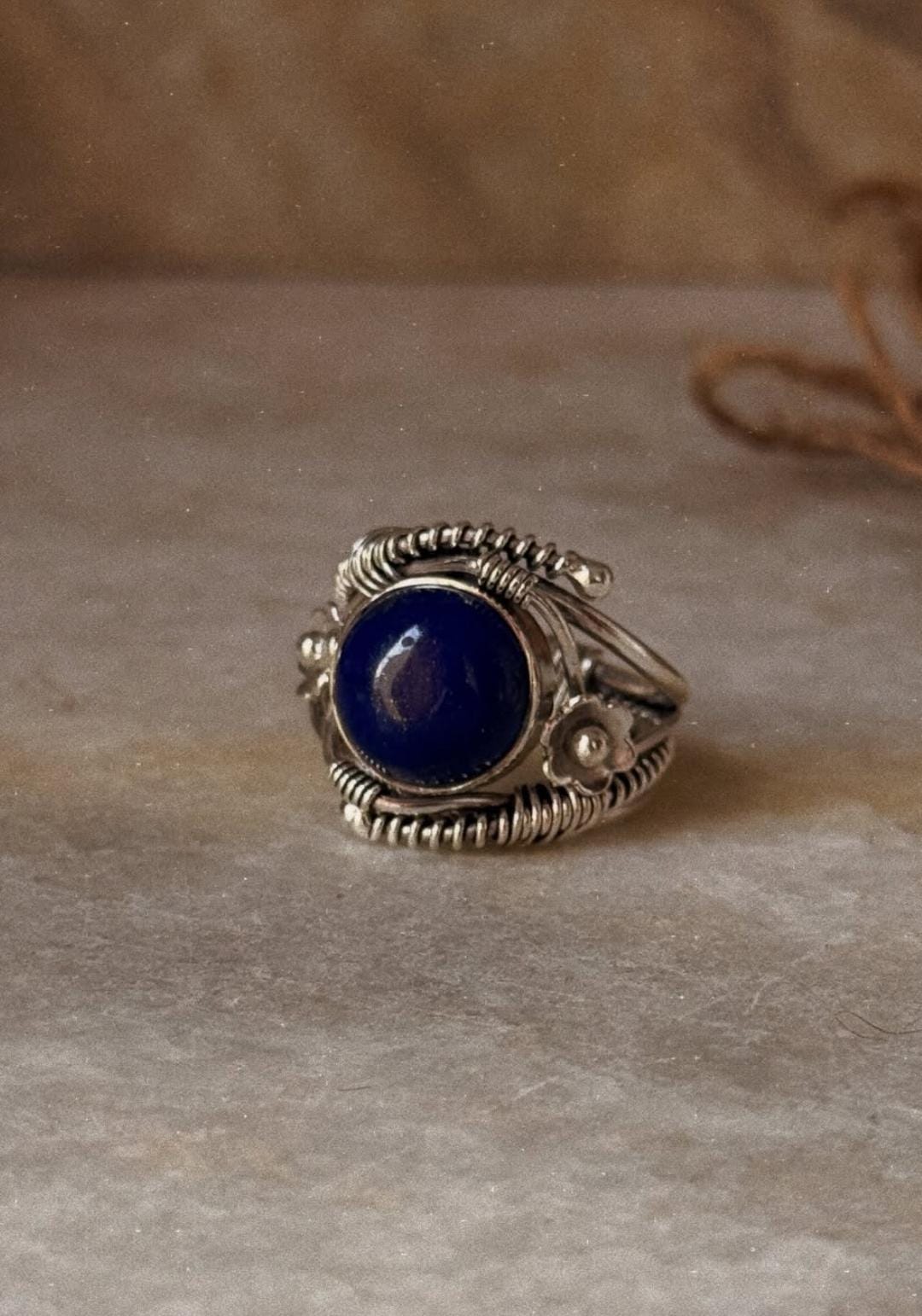 artisan 925 sterling silver lapis lazuli wire wrapped boho ring  