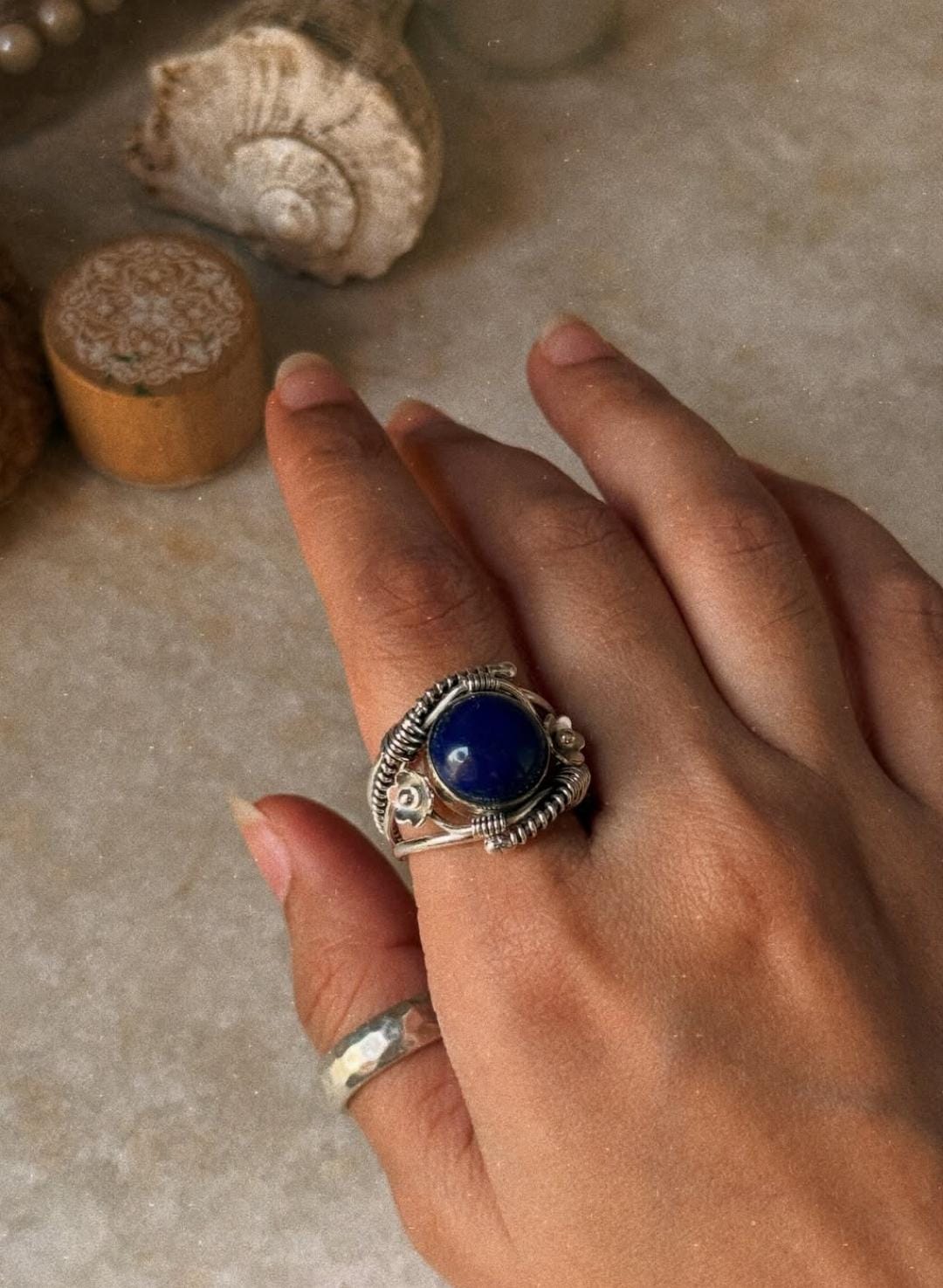 vintage-inspired lapis lazuli wire wrapped 925 sterling silver ring