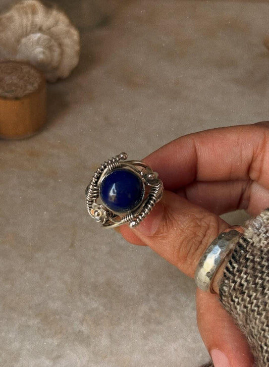 925 sterling silver lapis lazuli wire wrapped forest enchantments ring  