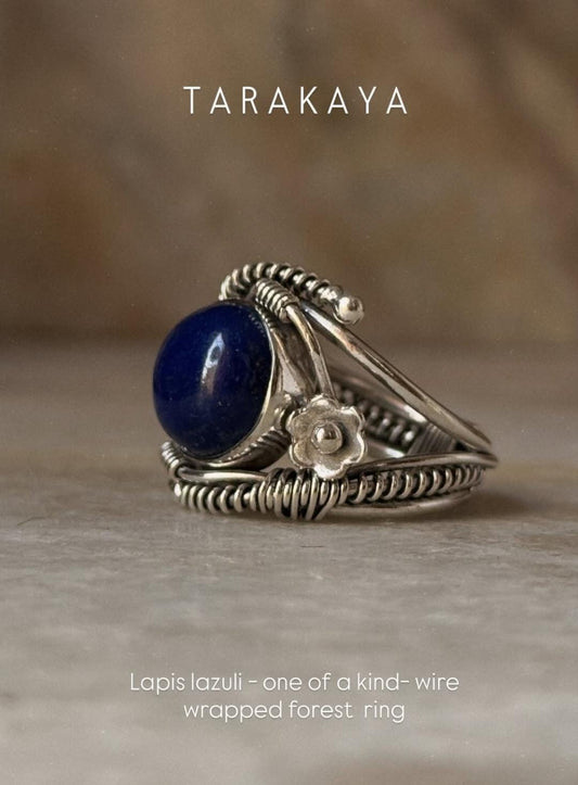 925 sterling silver lapis lazuli wire wrapped forest enchantments ring  