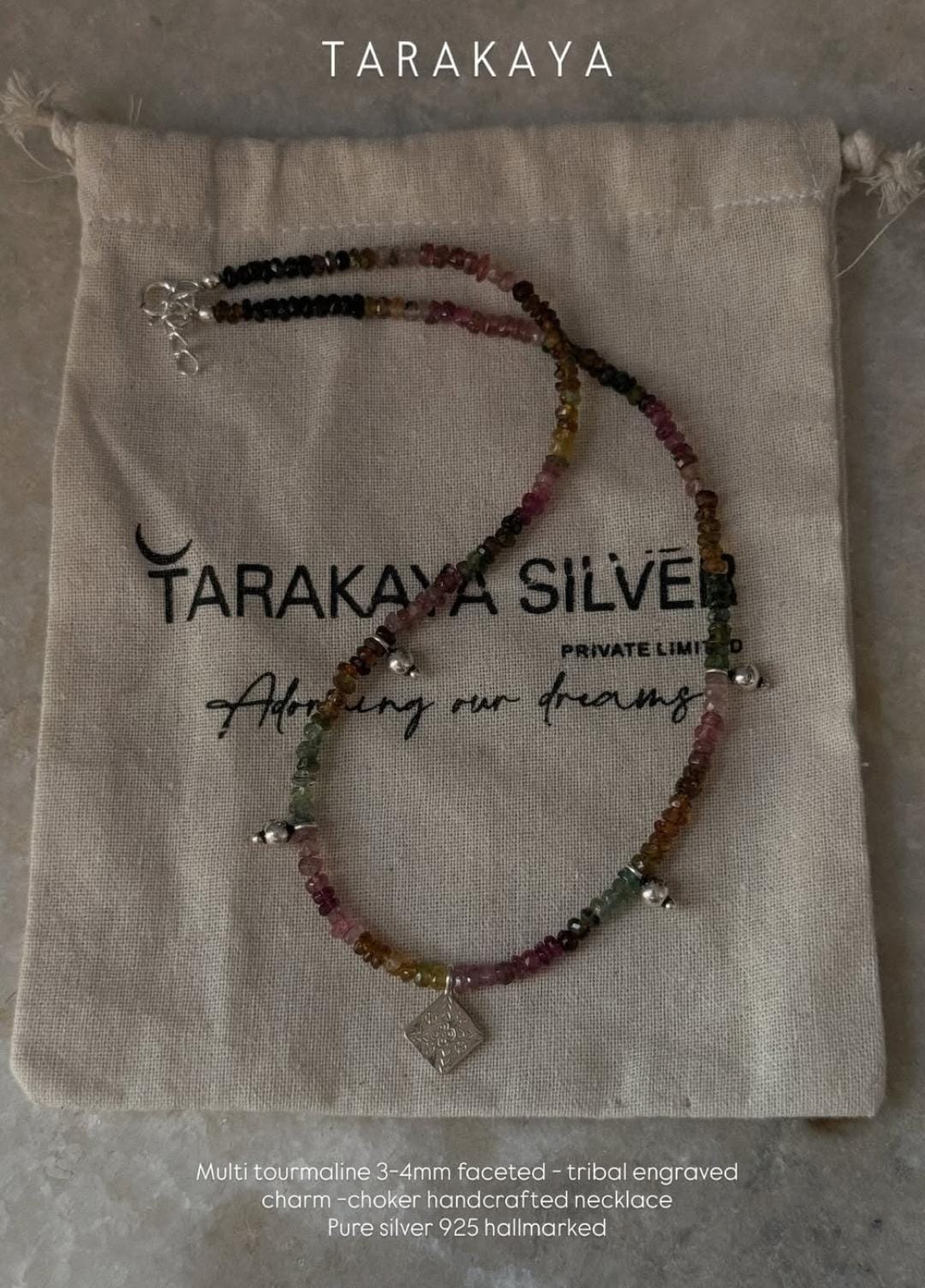 925 Sterling Silver Multi Tourmaline 3-4mm Tribal Choker Necklace close-up  