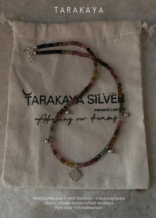 925 Sterling Silver Multi Tourmaline 3-4mm Tribal Choker Necklace close-up  