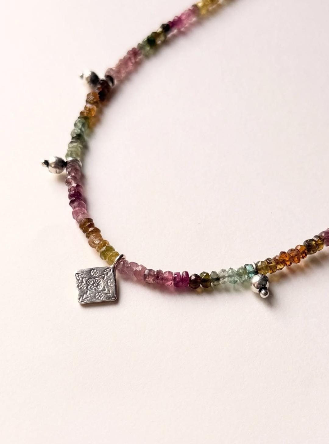 925 sterling Silver Choker Necklace featuring 4mm Multi Tourmaline beads