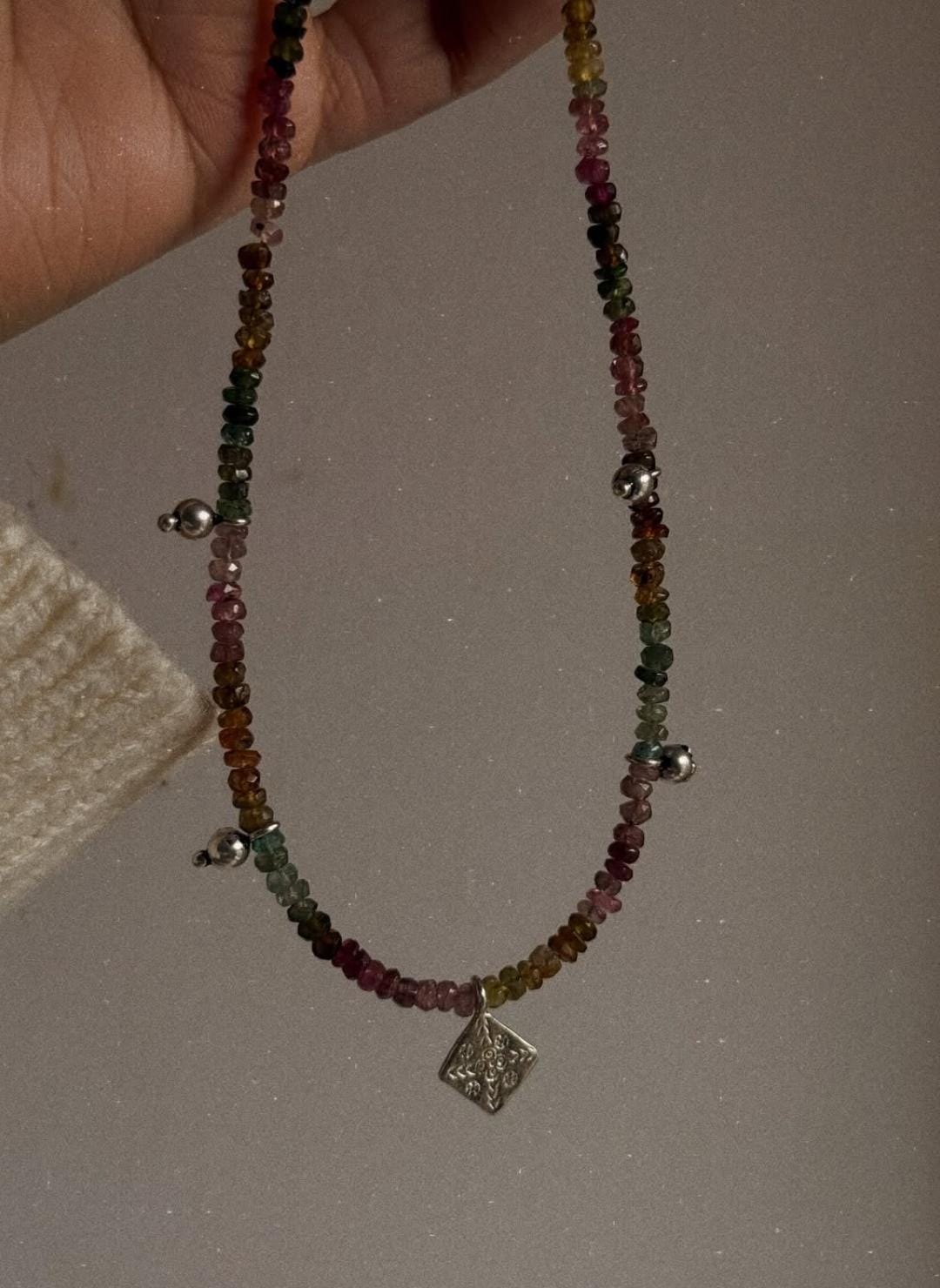 Artisan 925 sterling Silver Multi Tourmaline 4mm Beaded Tribal Choker Necklace