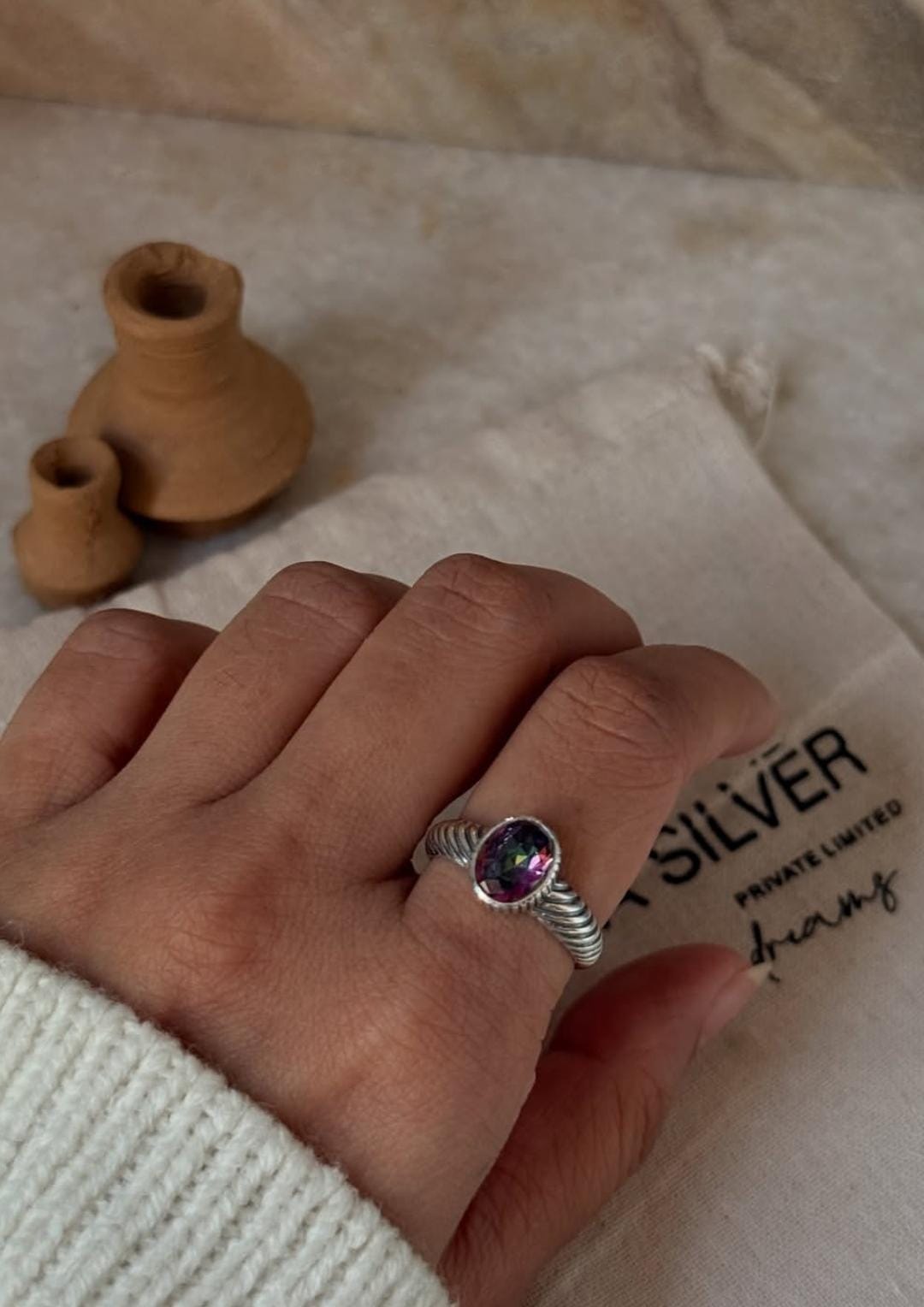 Mystic topaz croissant band ring in 925 sterling silver