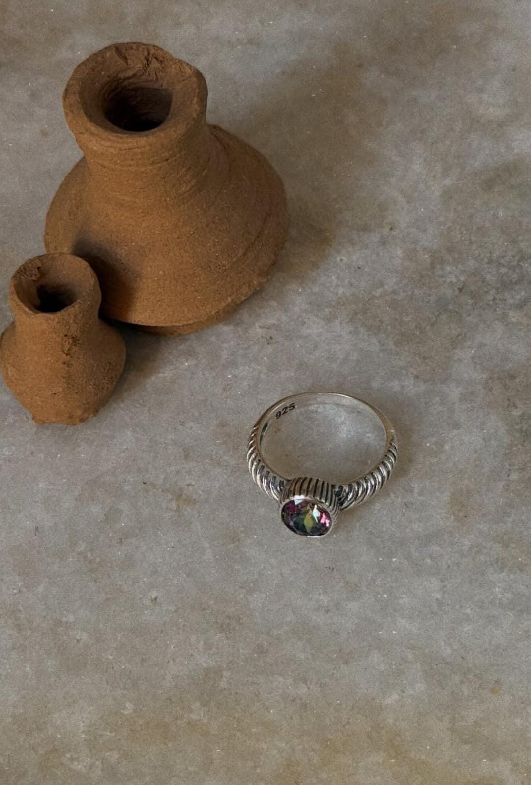 Natural mystic topaz croissant style 925 sterling silver ring