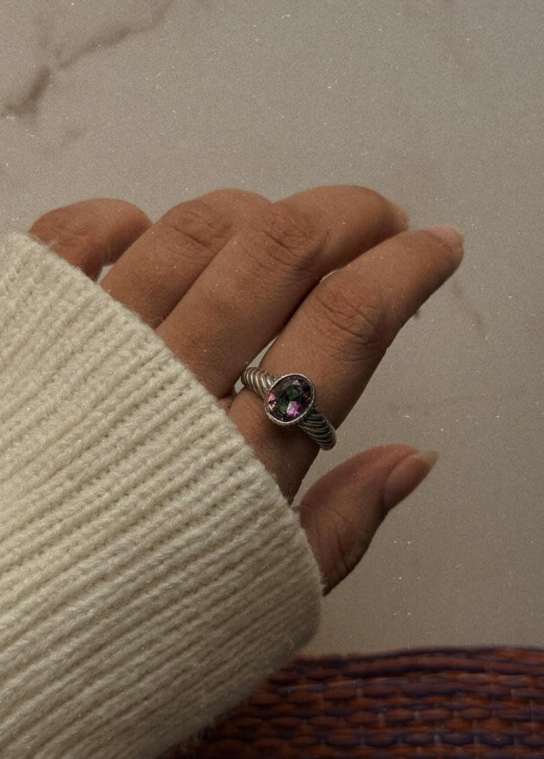 Rainbow mystic topaz croissant band 925 sterling silver ring  