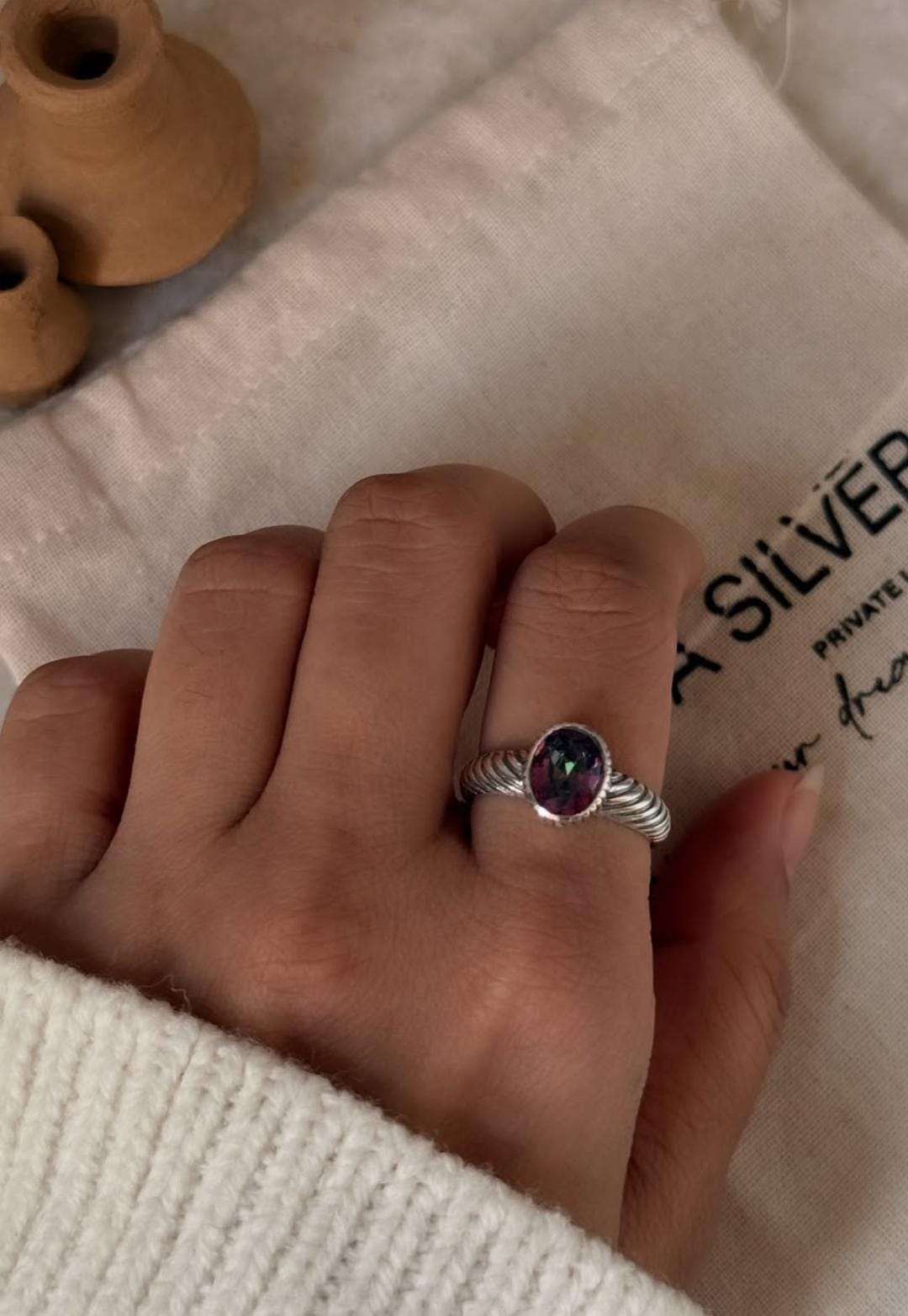 Artisan crafted mystic topaz croissant 925 sterling silver ring