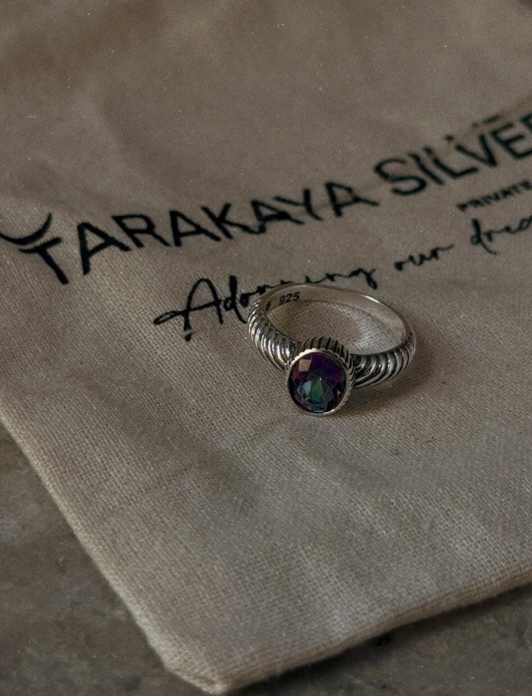 Textured 925 sterling silver mystic topaz croissant ring