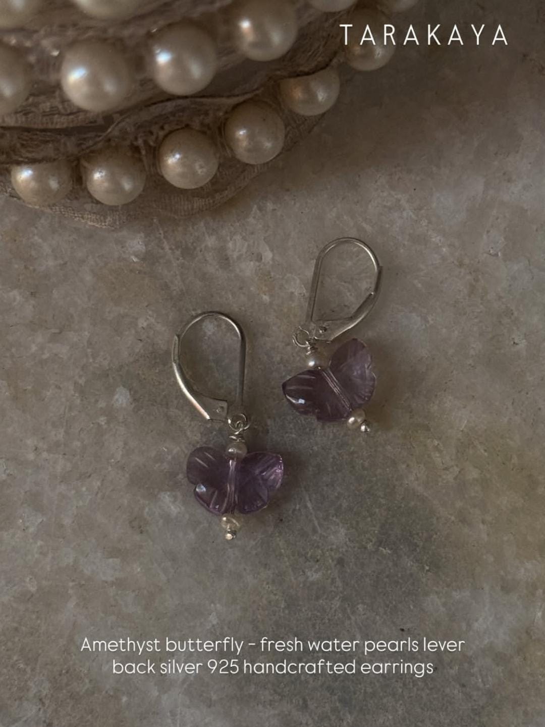 925 Sterling Silver Amethyst Butterfly & Pearls Lever Back Earrings close-up  