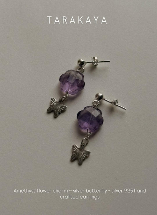 925 Sterling Silver Amethyst Floral Butterfly Stud Earrings close-up  