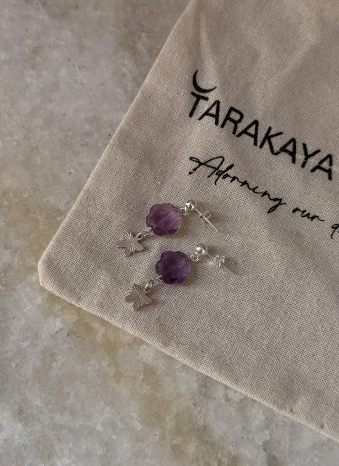 Handmade 925 Sterling Silver Amethyst Floral Charm Butterfly Studs