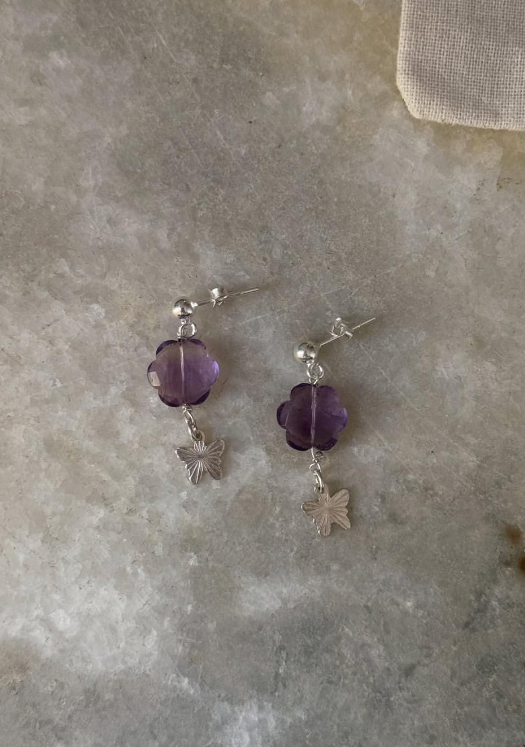 Unique Amethyst Floral Butterfly Studs in 925 Sterling Silver
