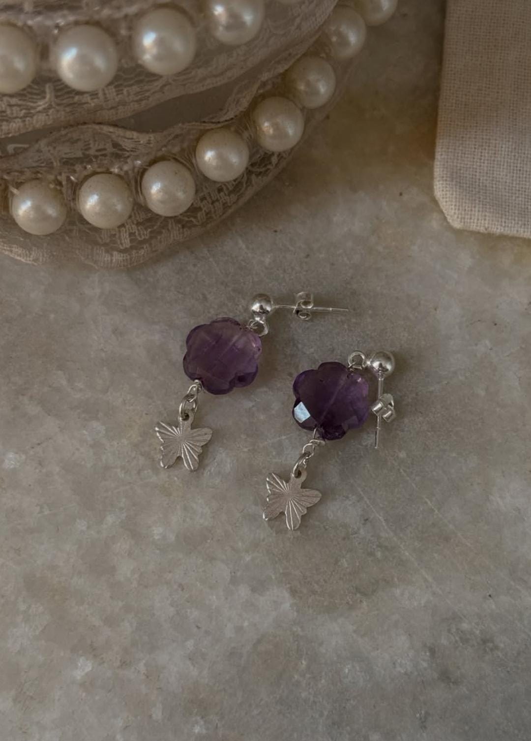 Elegant 925 Sterling Silver Amethyst Butterfly Floral Earrings