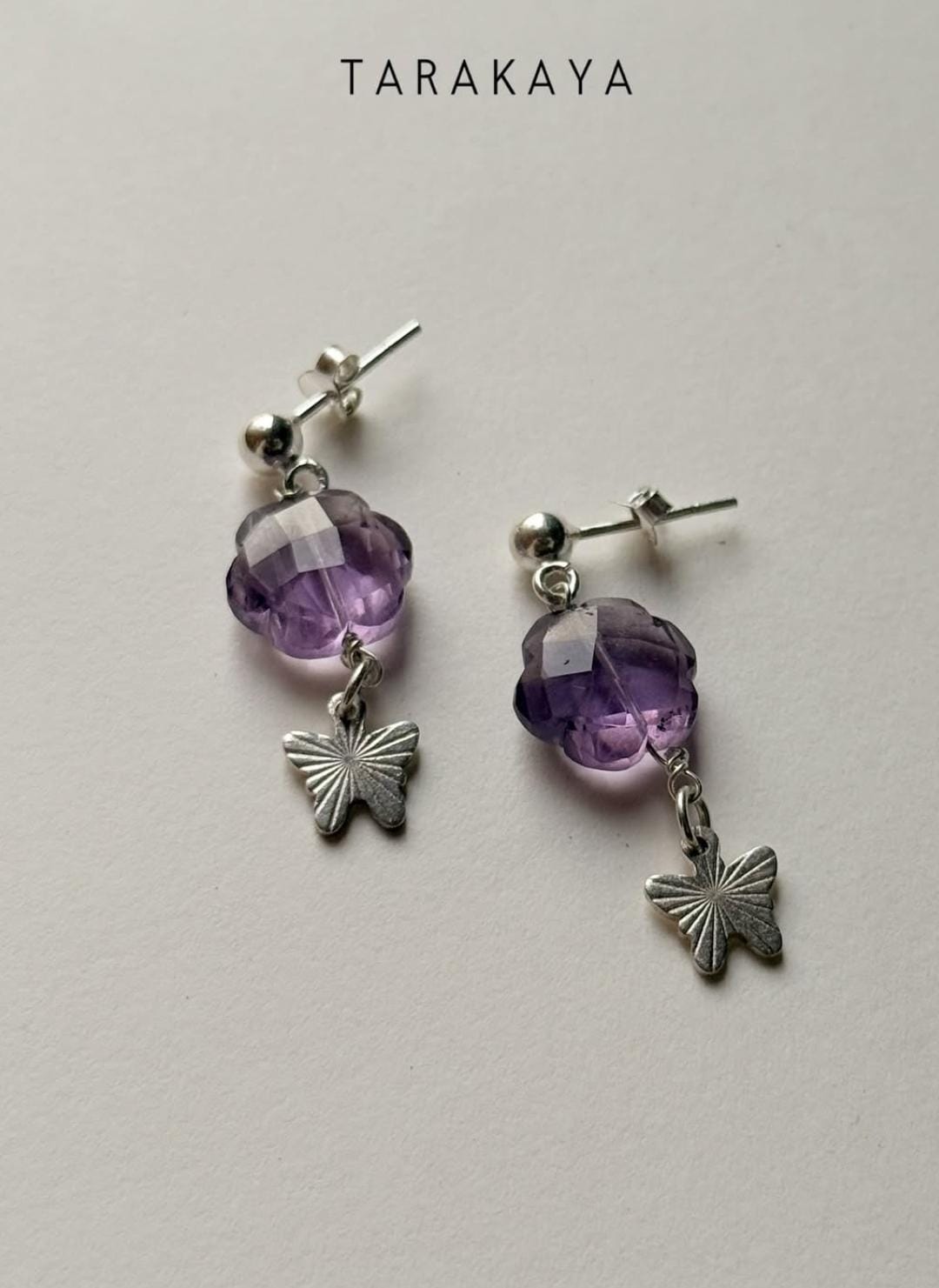 925 Sterling Silver Amethyst Butterfly Floral Charm Earrings