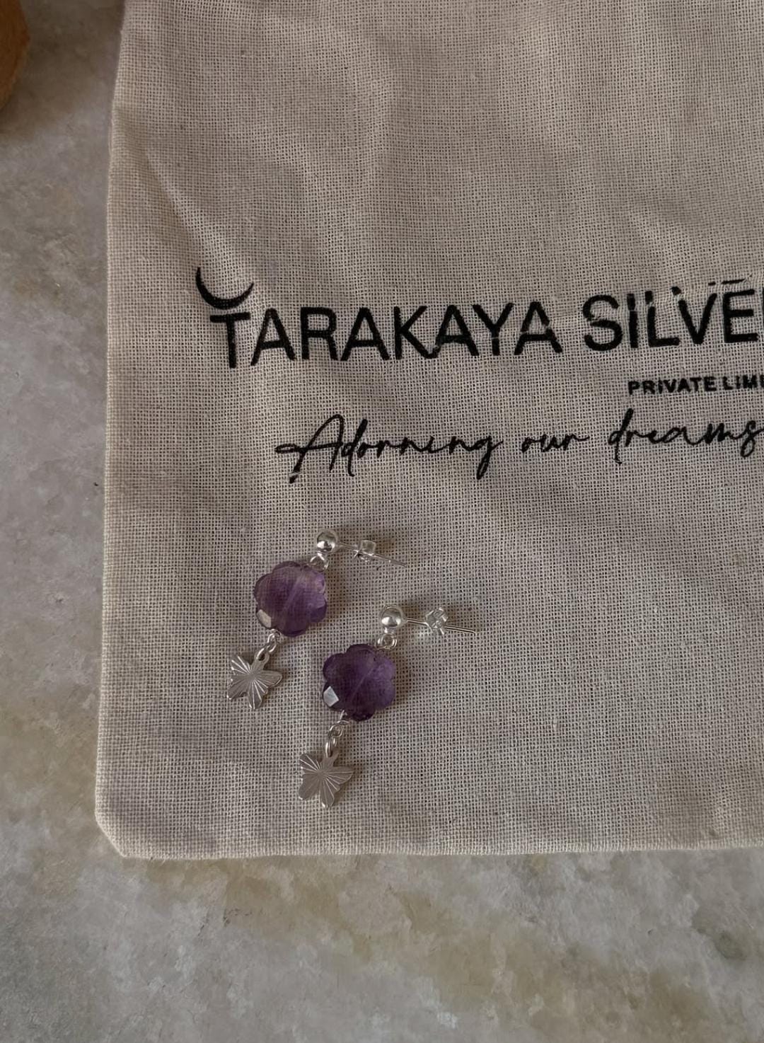 Artisan 925 Sterling Silver Amethyst Butterfly Floral Stud Earrings