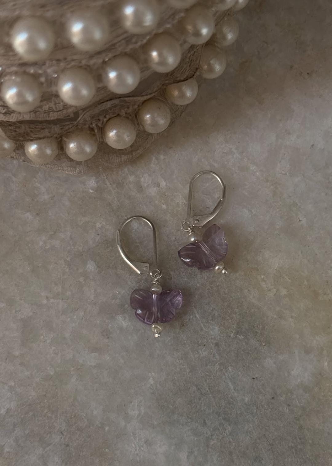 Handmade 925 Sterling Silver Amethyst Butterfly & Pearls Earrings
