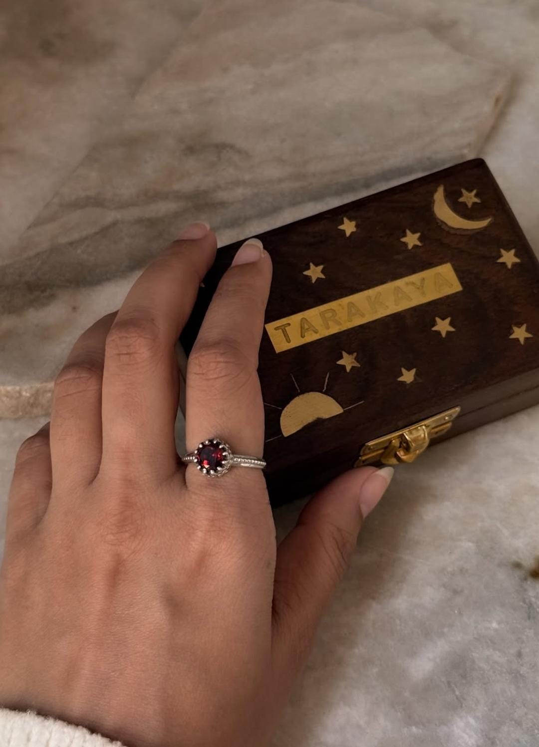 Garnet princess solitaire dot textured band ring in 925 sterling silver