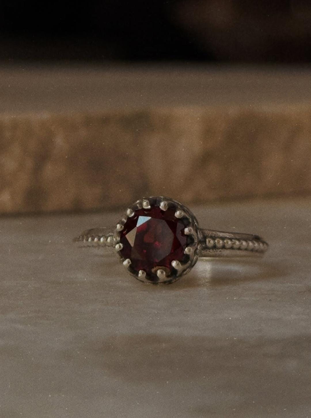Handmade 925 sterling silver garnet princess solitaire textured ring