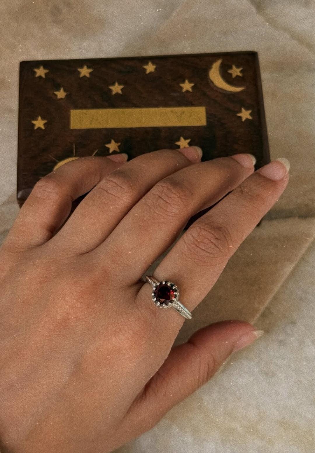 Artisan crafted garnet princess solitaire dot textured 925 sterling silver ring