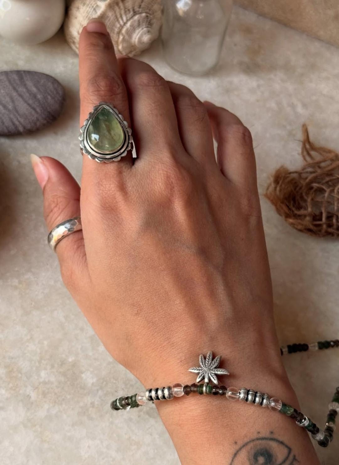 bohemian style 925 sterling silver prehnite pear ring