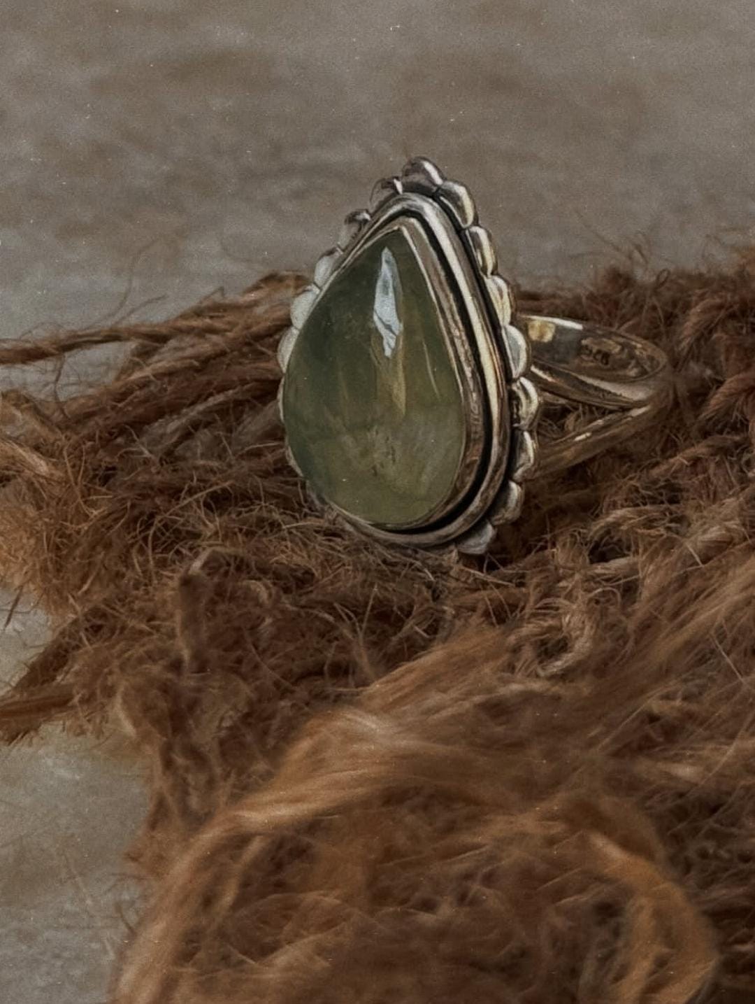 natural prehnite pear gemstone 925 sterling silver boho ring