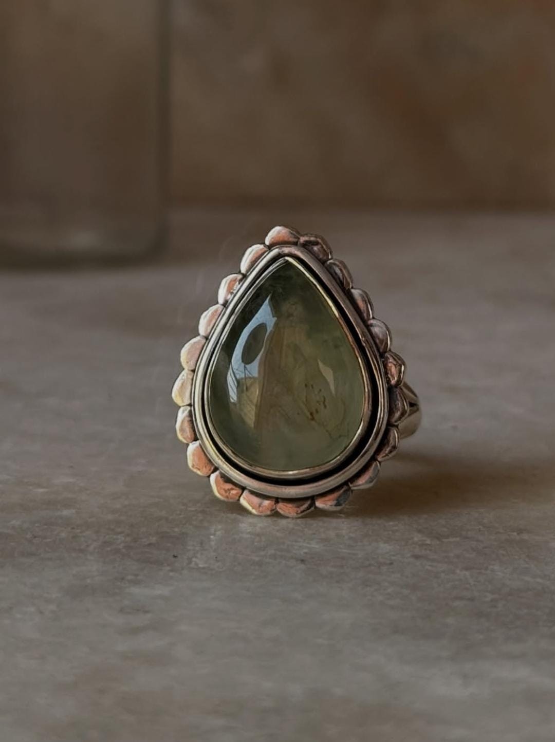 handcrafted 925 sterling silver prehnite pear statement ring  
