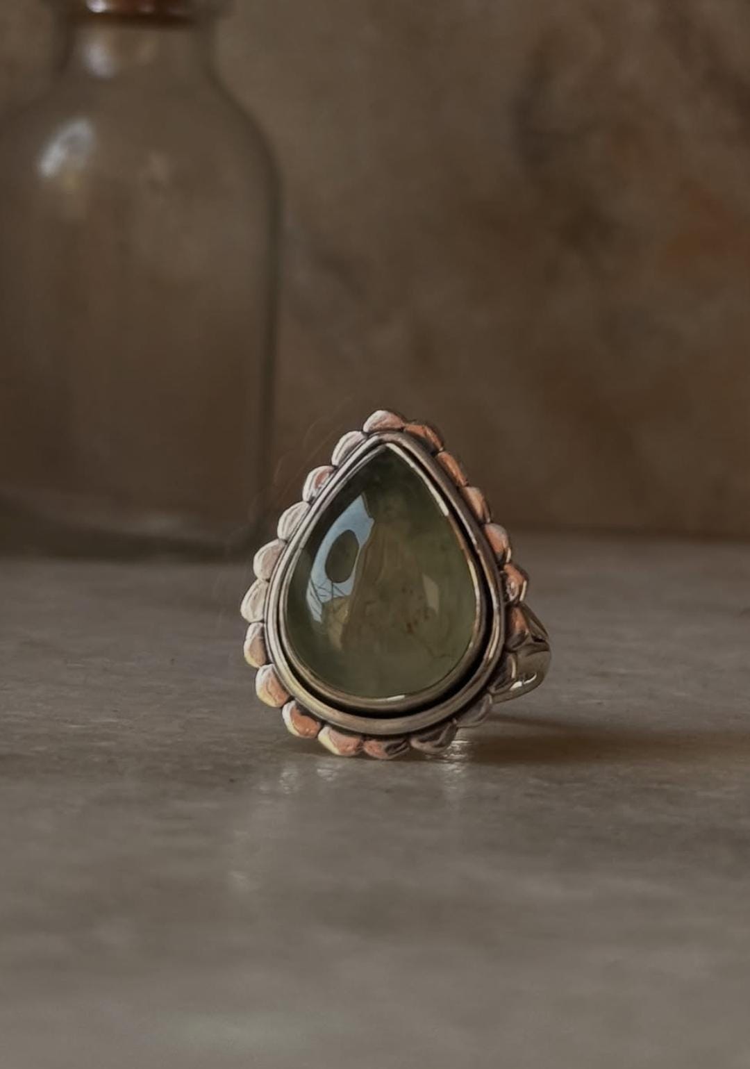 vintage bohemian prehnite pear 925 sterling silver statement ring  