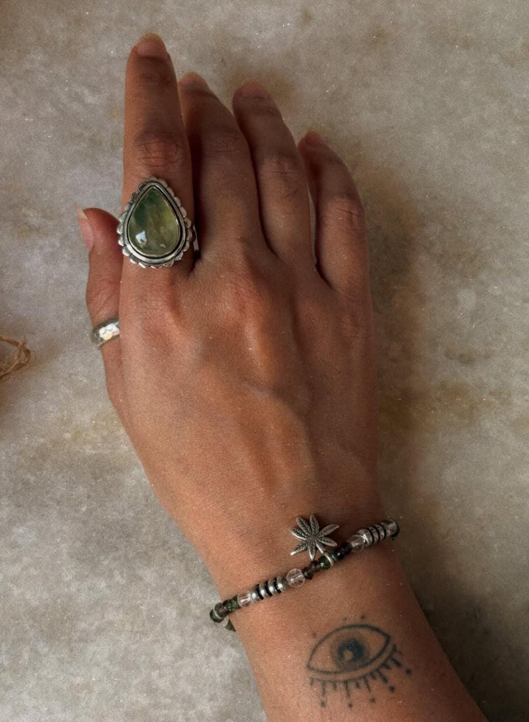 925 sterling silver prehnite pear boho statement ring  