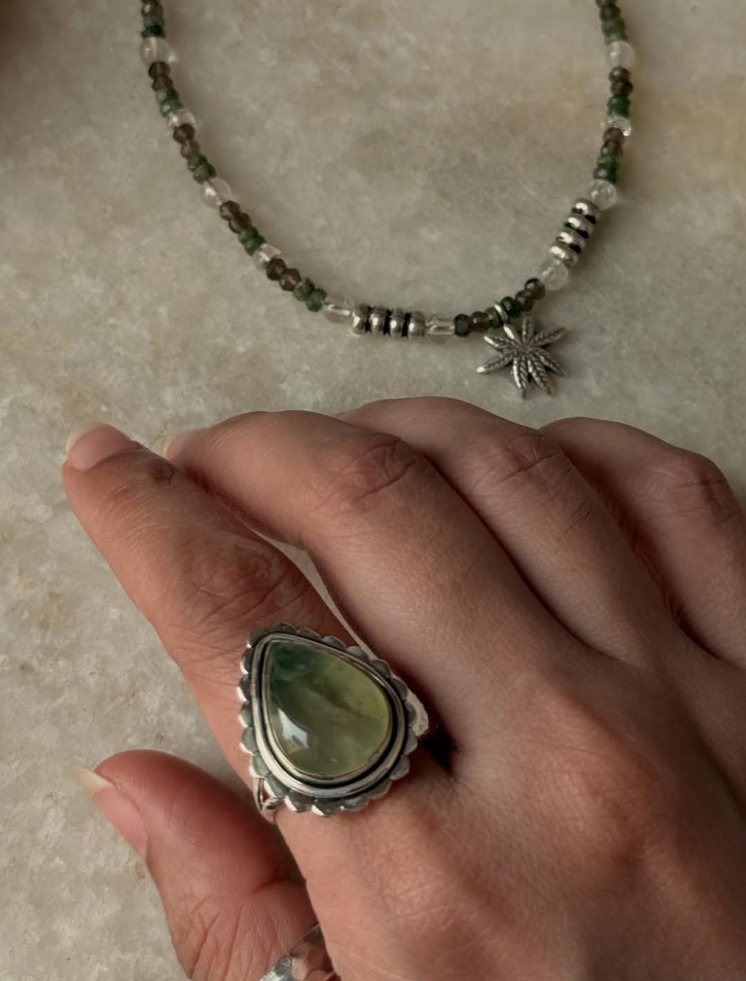 artisan boho 925 sterling silver prehnite pear ring