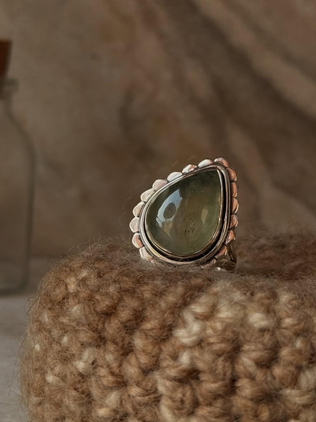 bohemian style 925 sterling silver prehnite pear ring